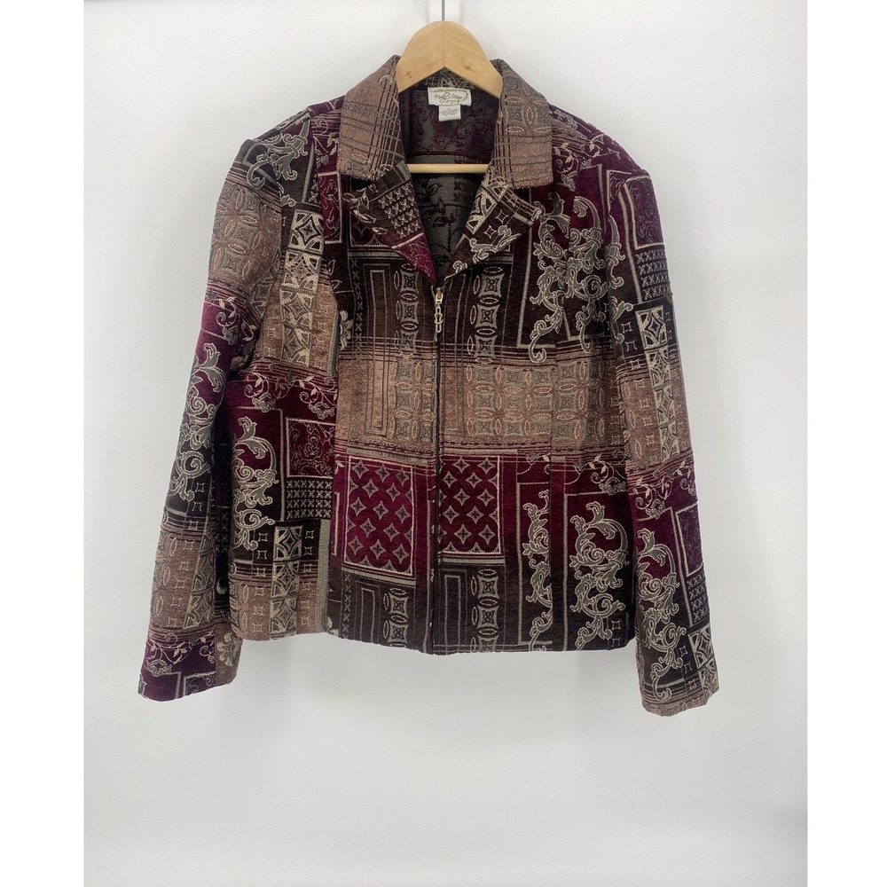 Molly & Max Tapestry Jacket Womens XL Burgundy Brown Excellent Zip Patchwork